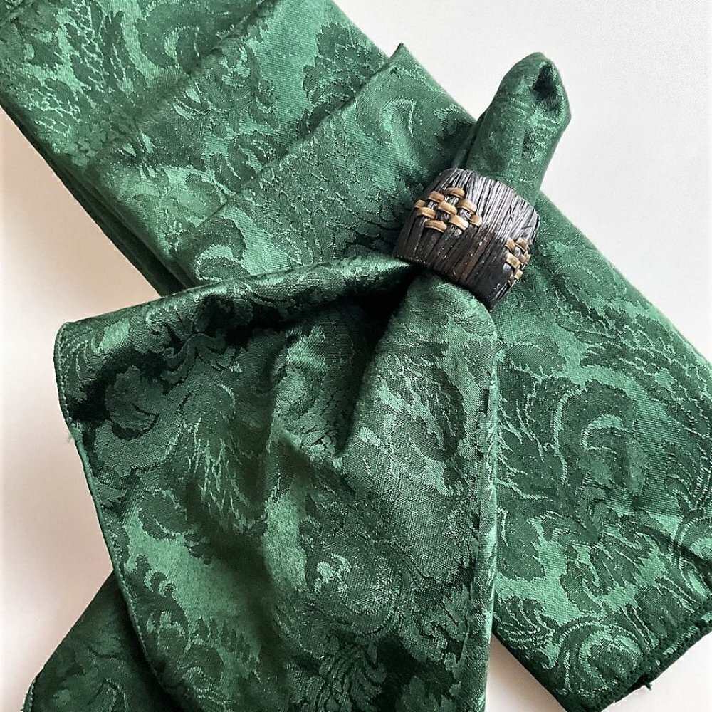 VTG WC Design Forest Green Damask Cloth Napkins & Ring Set - 16 Pcs - Picture 3 of 11
